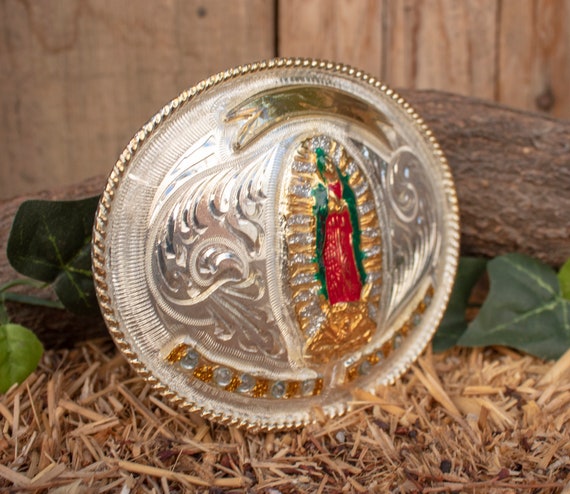 Made in Mexico Lady Guadalupe silvertone floral embossed buckle Guadalupe Buckle - Etsy main image 2