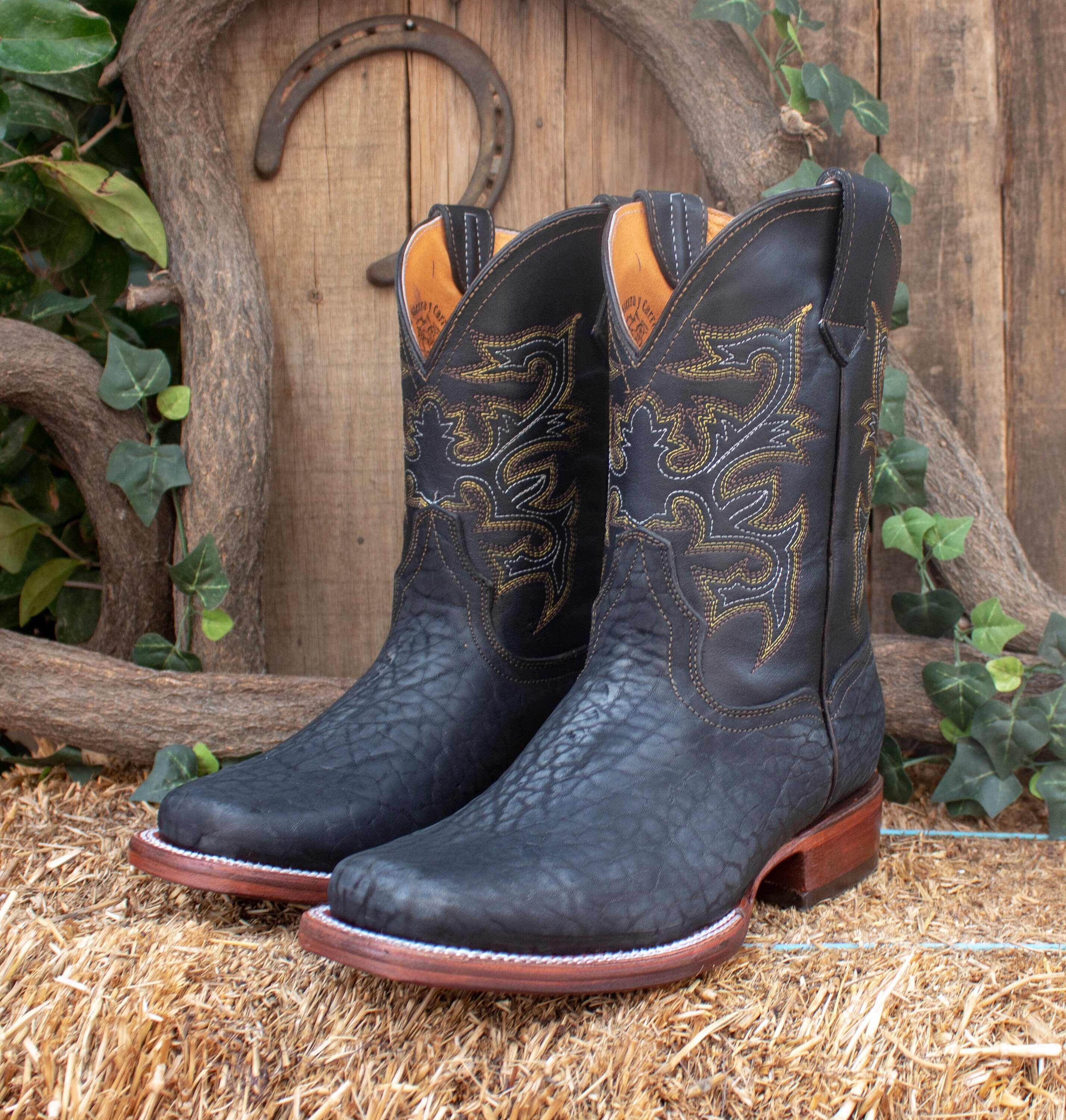 MENS Black BULL NECK Leather square toe cowboy western rodeo boots Cuello de toro