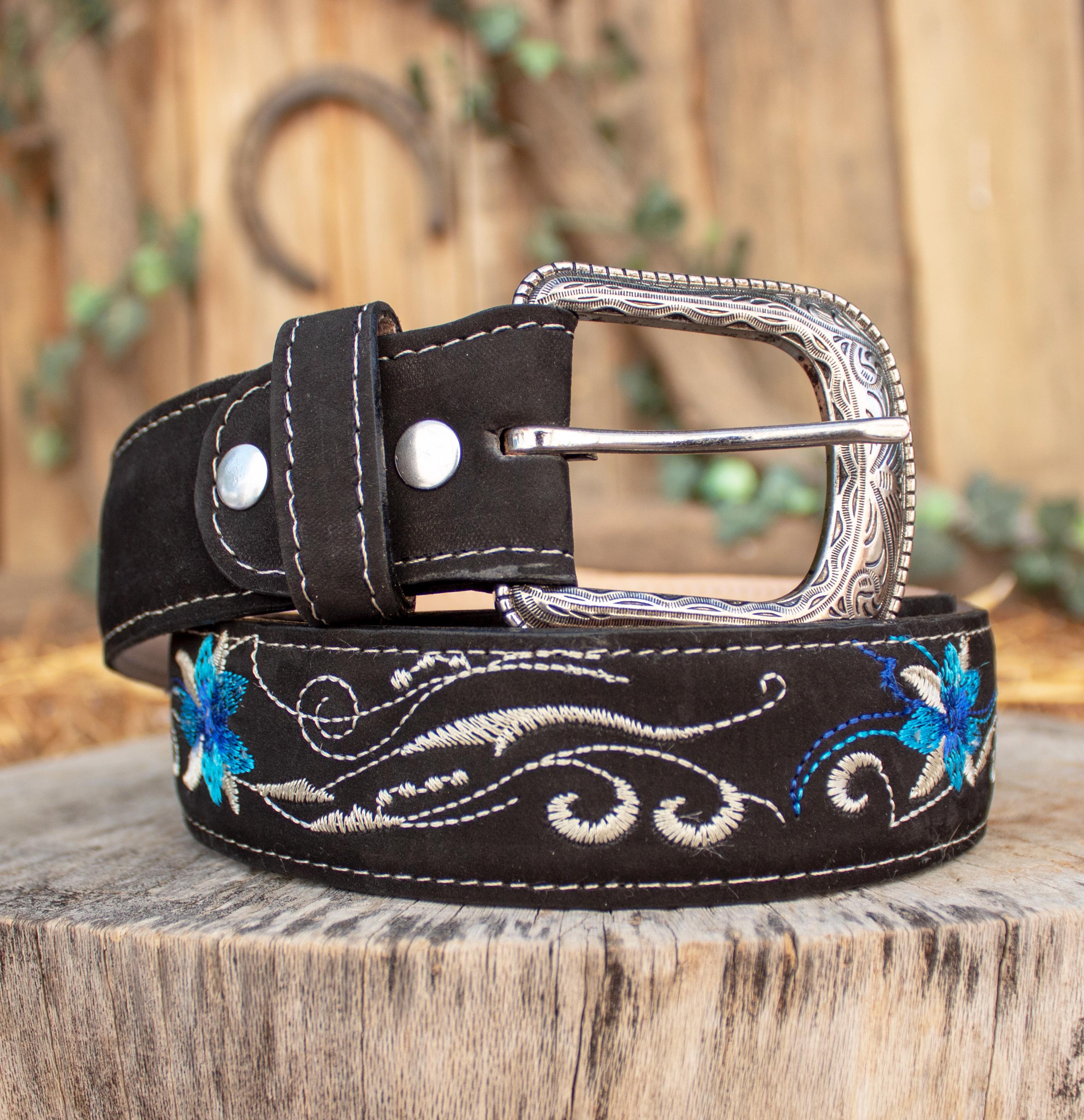 WOMENS Blue LILLY EMBROIDERED Western Cowgirl Cowboy Black Leather