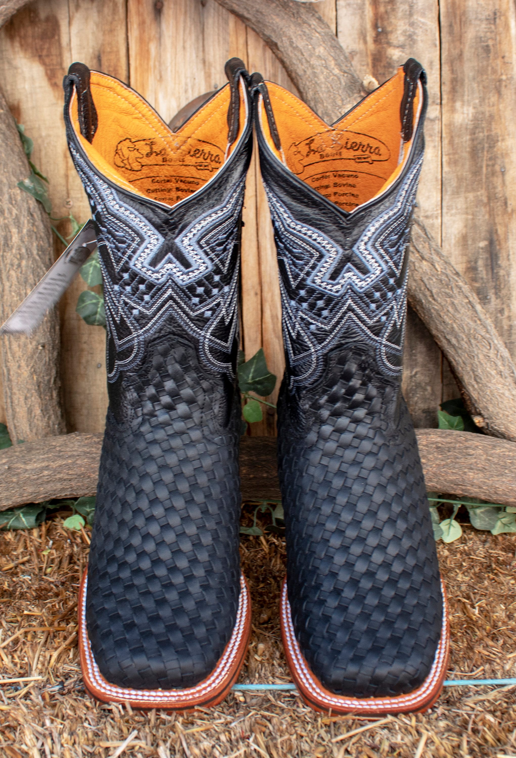 Mens LEATHER COWBOY Black Handtooled Square Toe Boots Botines