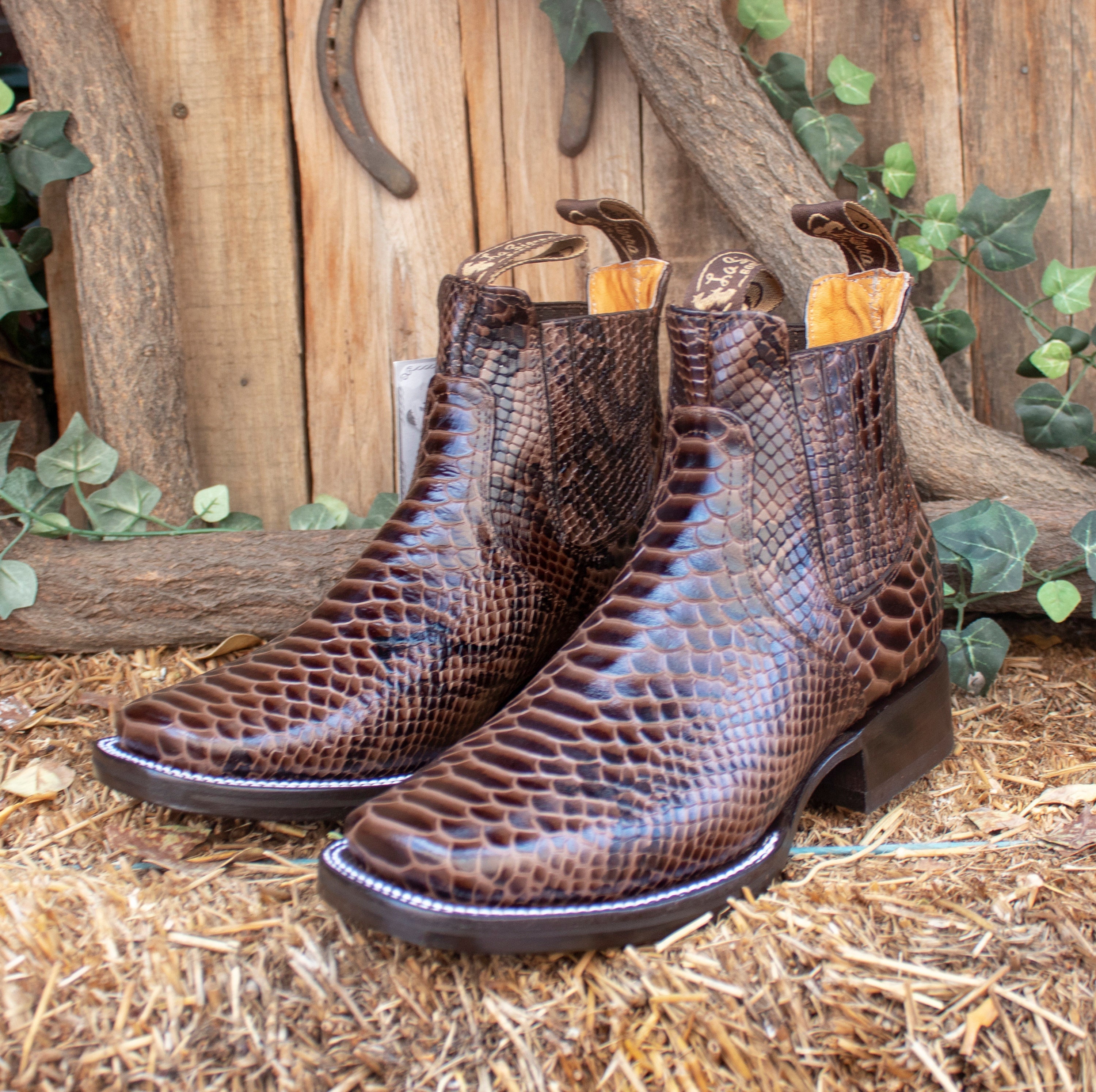 MENS LEATHER COWBOY Snake Skin Faux Square Toe Half Boots Botines