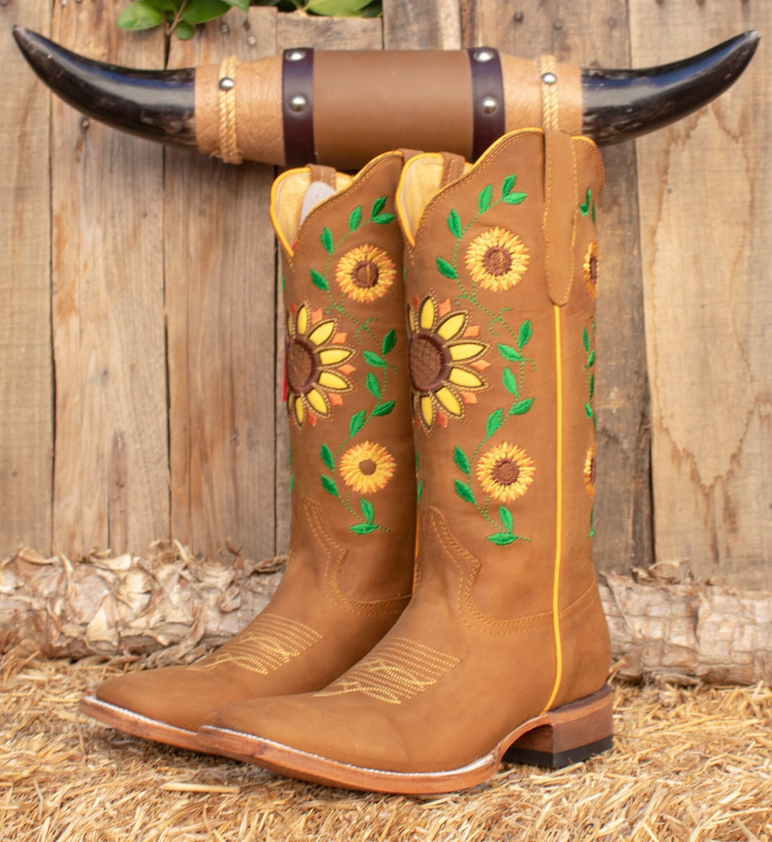 WOMENS COWGIRL Cowboy Square Toe Leather Sunflower Embroidered BOOTS