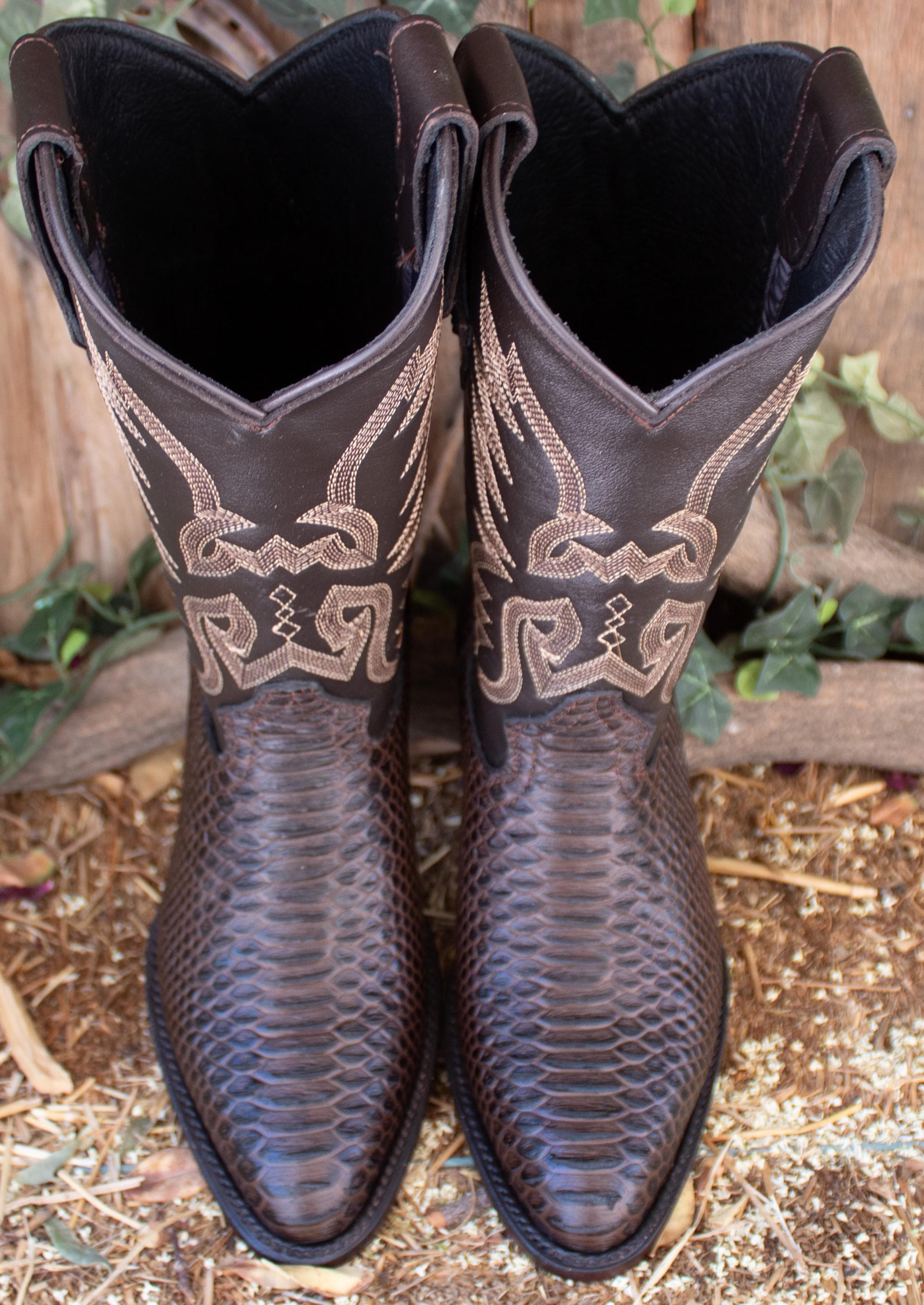 MENS Brown PYTHON Snake Faux Leather Pointed Toe Cowboy Western