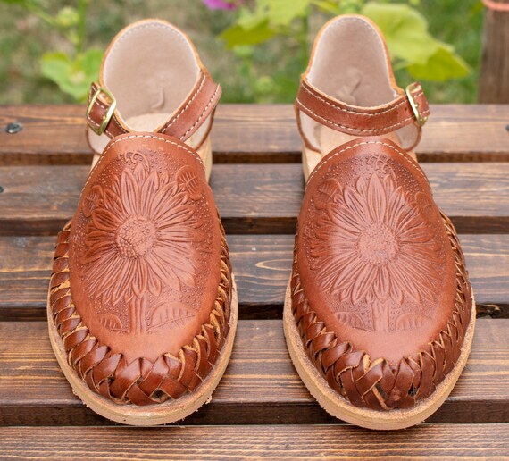 WOMENS SUNFLOWER STAMPED Brown Leather Shoe Huarache Mexican