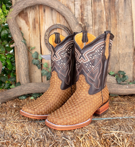 Buy Mens LEATHER COWBOY Tan Brown Handtooled Square Toe Boots Botines Botas PETATILLO Online in India Etsy