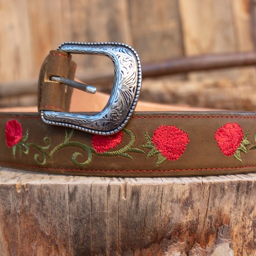 WOMENS ROSE EMBROIDERED Western Cowgirl Cowboy Leather Belt  display picture 1