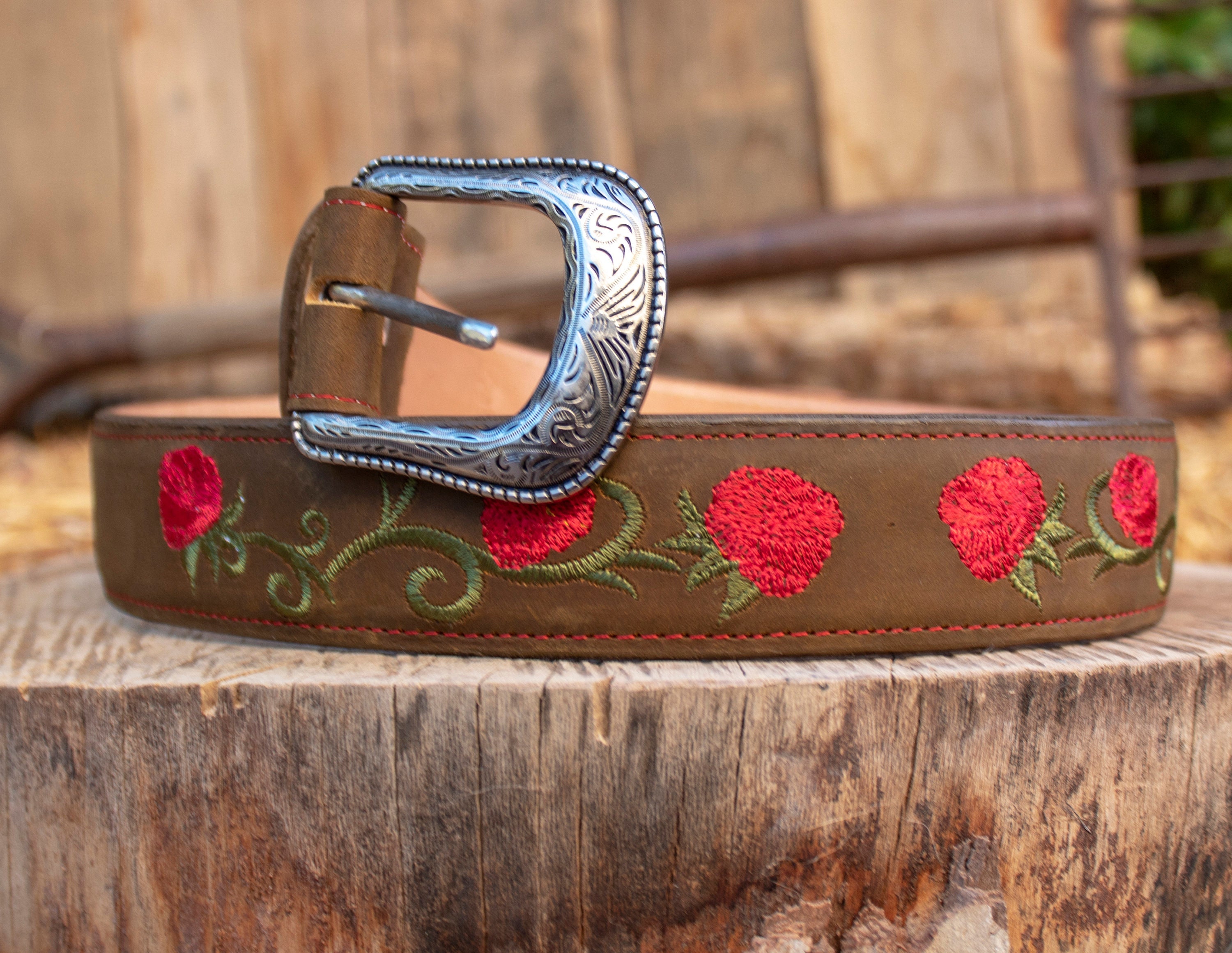 WOMENS ROSE EMBROIDERED Western Cowgirl Cowboy Leather Belt  display picture 2