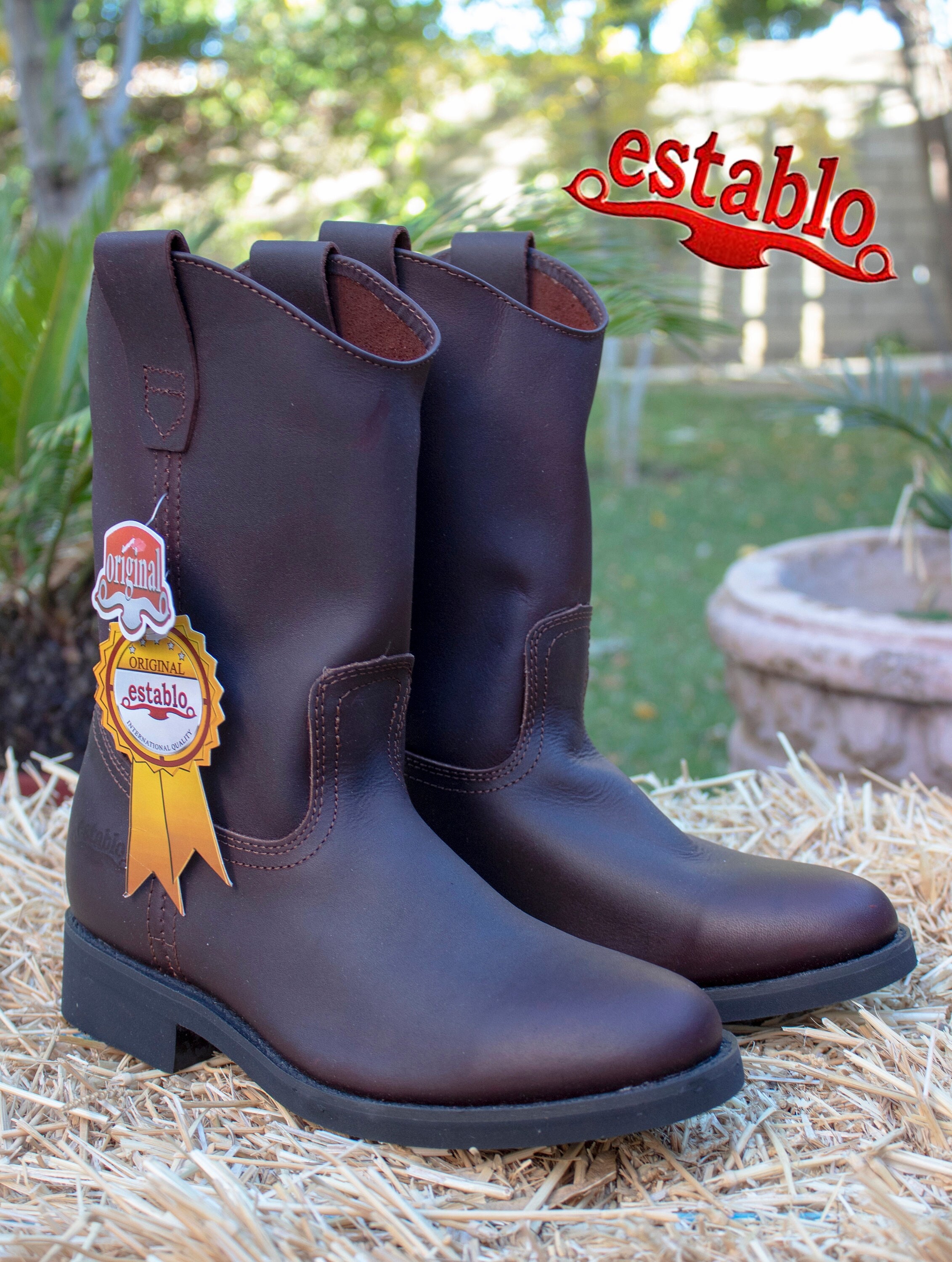 Mens Authentic Leather Roper Pull on Establo Work Boots
