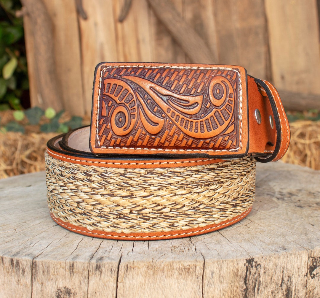 MENS WESTERN LEATHER Stamped Rope Thread Charro Cowboy Belt Cinto Espinoceta Etsy