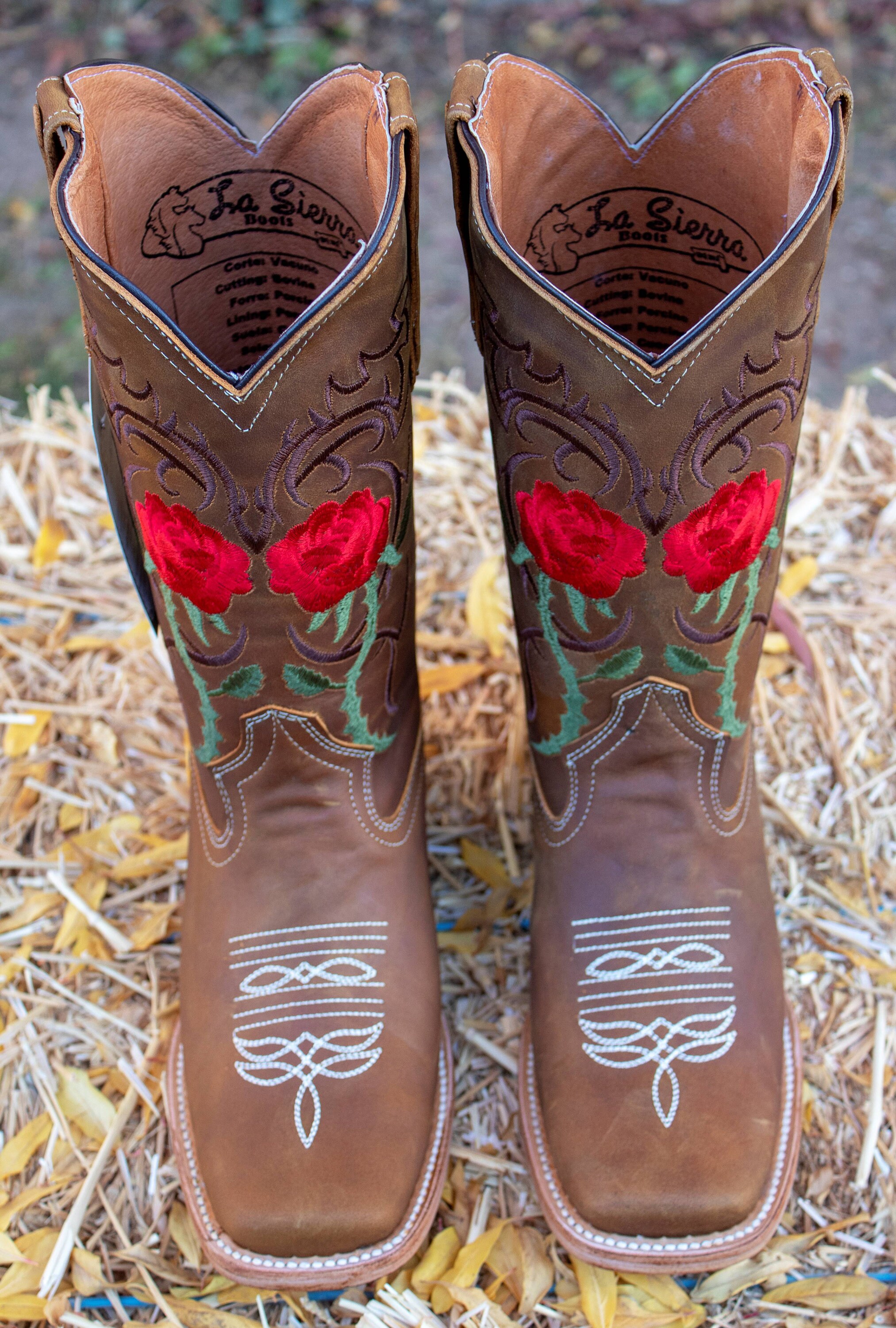 WOMENS COWGIRL Cowboy Square Toe Leather Rose Embroidered BOOTS