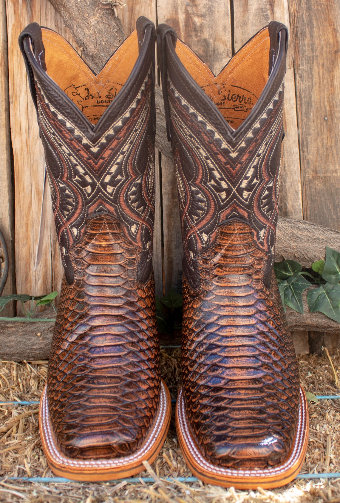 MENS Honey Brown PYTHON Snake Faux Leather Square Toe Cowboy Western ...