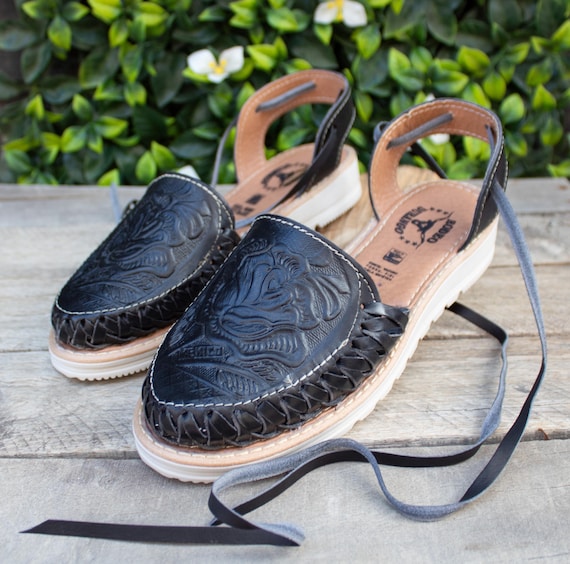 Womens LEATHER Black Closed Toe Lace up Rose Stamped Huarache