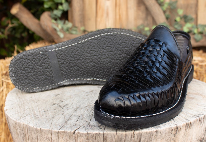 MENS LEATHER HUARACHE shoe slip on black sandals with rubber tire print sole image 2