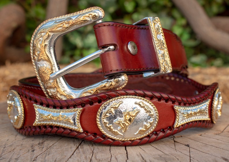 Mens LEATHER CONCHO WESTERN cowboy rodeo belt cinto vaquero fino image 5