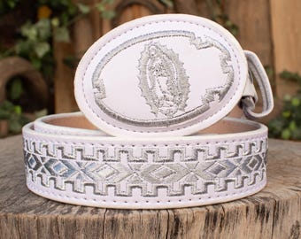 Cinturón de cuero vaquero bordado con la Virgen María de Guadalupe para niños pequeños y jóvenes