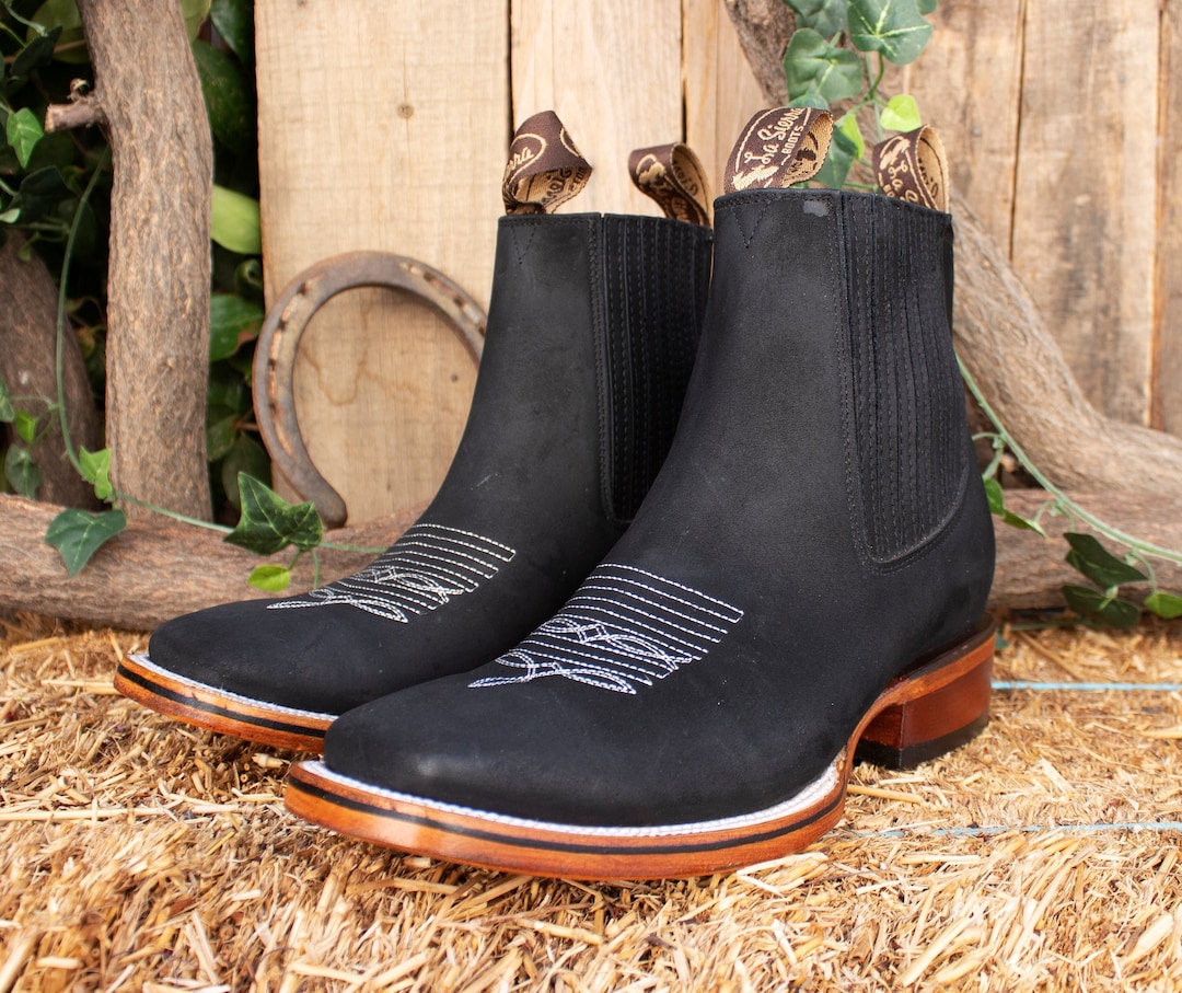 MENS LEATHER COWBOY Nobuck Rodeo Square Toe Half Boots Botines - Etsy