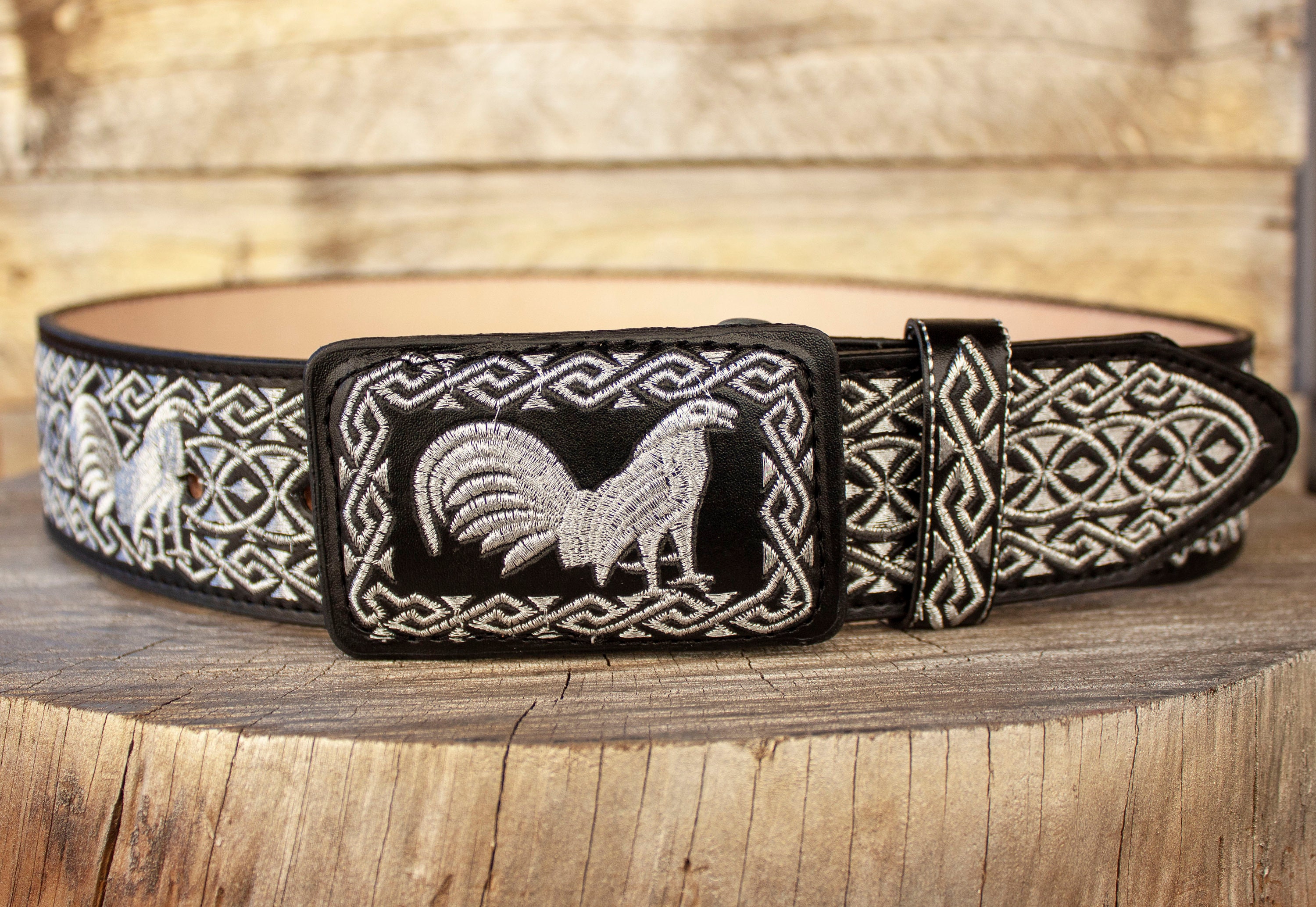 MENS WESTERN LEATHER Rooster Gallo Charro Embroidered 2 Inch