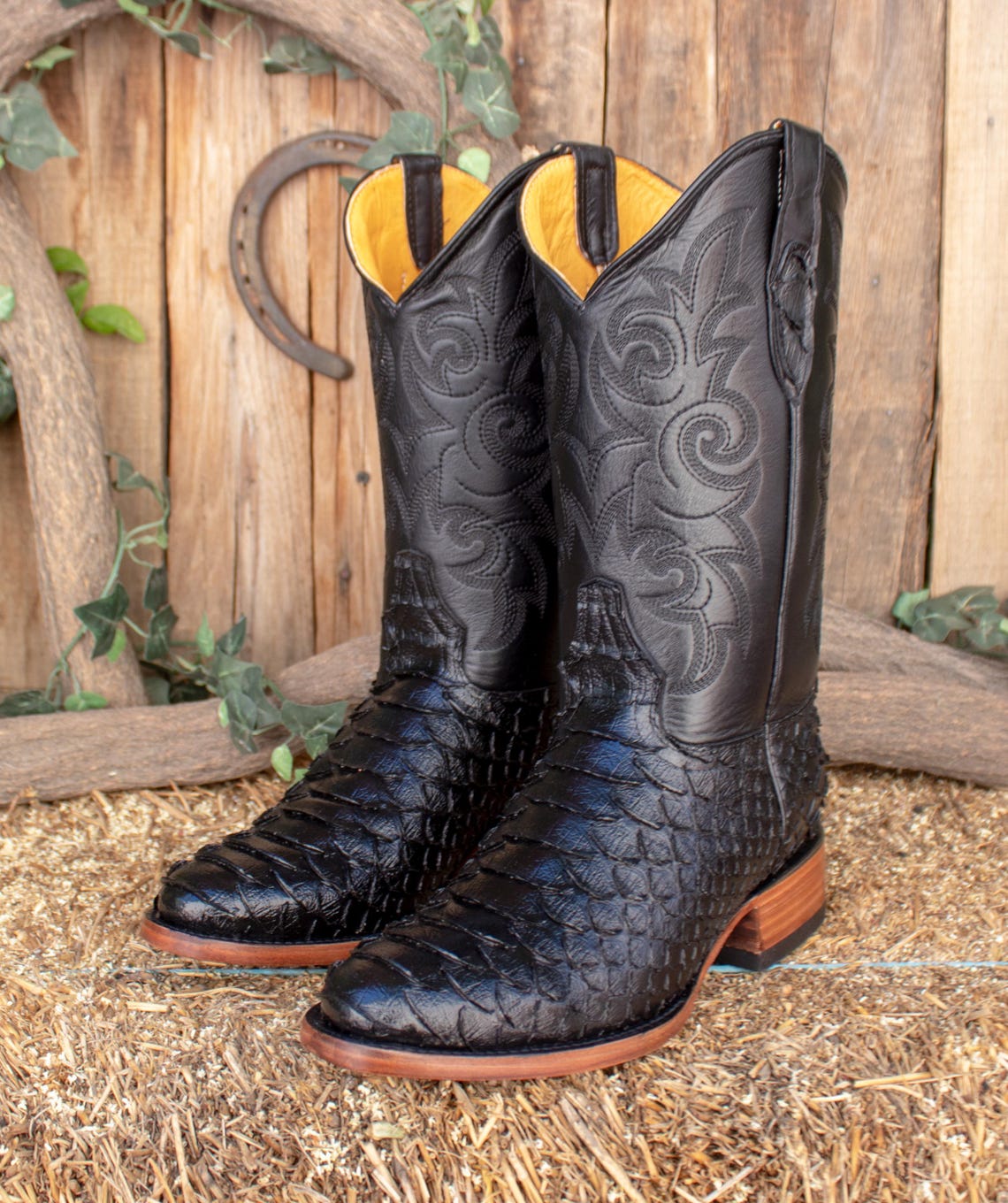 MENS Black PYTHON Snake Faux 100% Leather Round Toe Cowboy Boots PITON ...