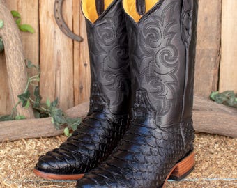 MENS black PYTHON Snake Faux 100% Leather round toe cowboy boots PITON size 8