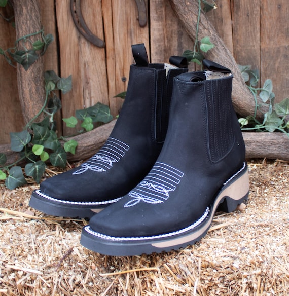 MENS Nubuck LEATHER COWBOY Square Toe Ankle Half Boots With  display picture 1