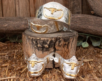 Western Cowboy Alpaca LONGHORN toro inciso paio di stivali con punta tagliata PUNTE piastra posteriore GUARDIE puntera taloneras