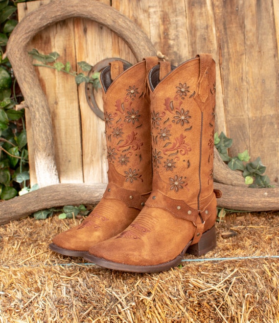 WOMENS COWGIRL Cowboy Square Toe Rustic Leather Western Flower