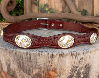 Vintage Western Tooled Leather Concho Belt 32 Black Brown Cowboy Stitch Men main image 4