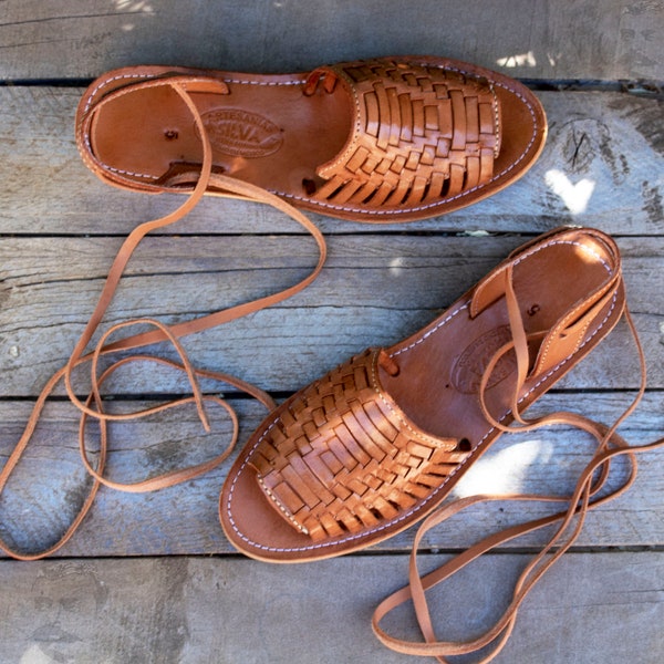 Womens brown LEATHER Open toe lace up flat huarache MEXICAN SANDALS