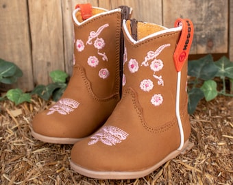 Girls Baby EMBROIDERED PINK FLOWER round toe leather cowboy boots