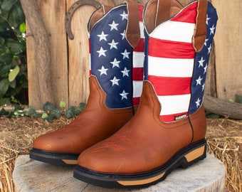 Mens authentic Leather USA AMERICAN FLAG embroidered western cowboy square toe Work boots