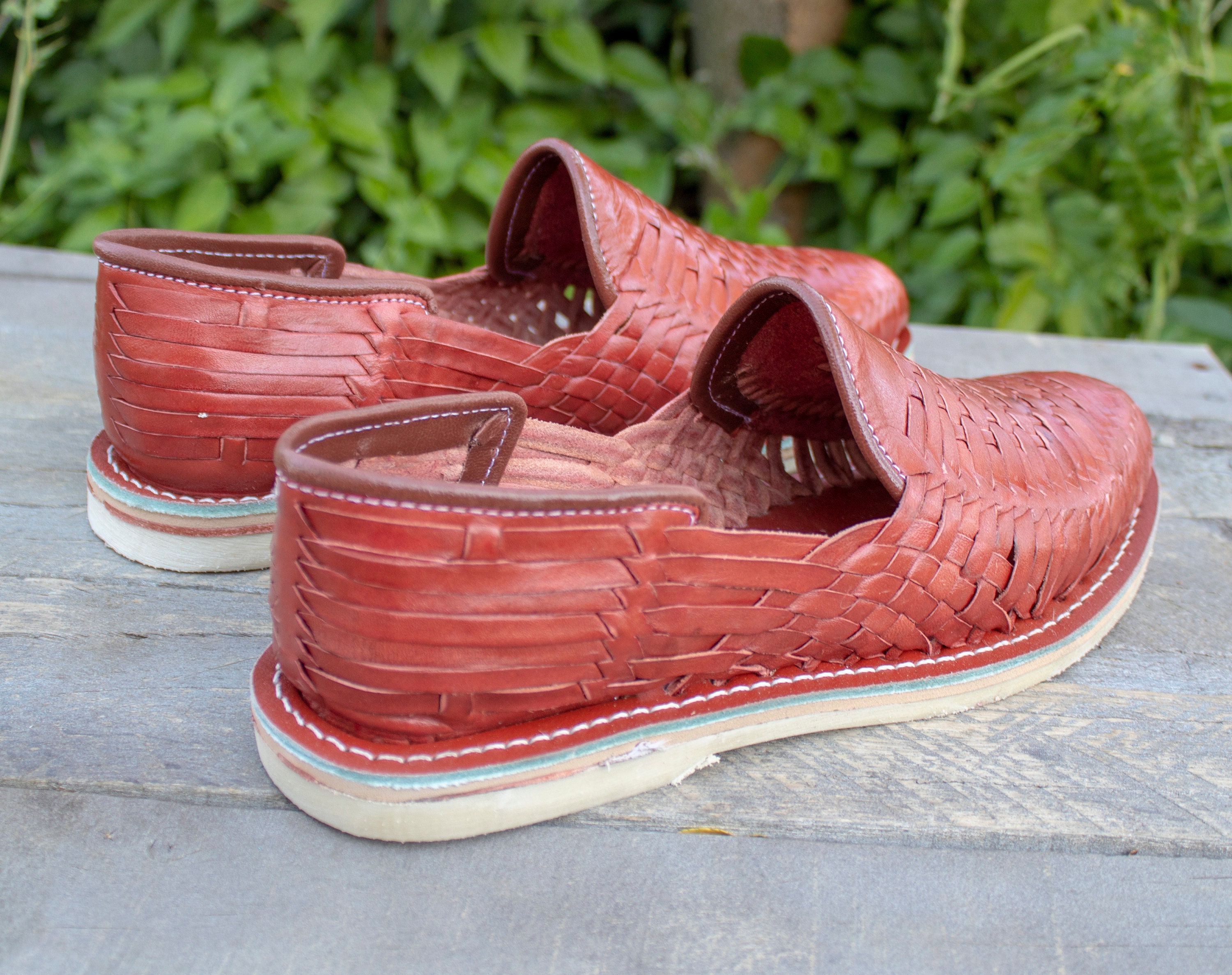 MENS LEATHER SHOE Cognac Brown Mexican Huarache Slip on Shoe 
