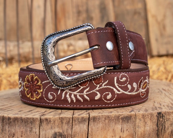 Embroidered brown leather belt