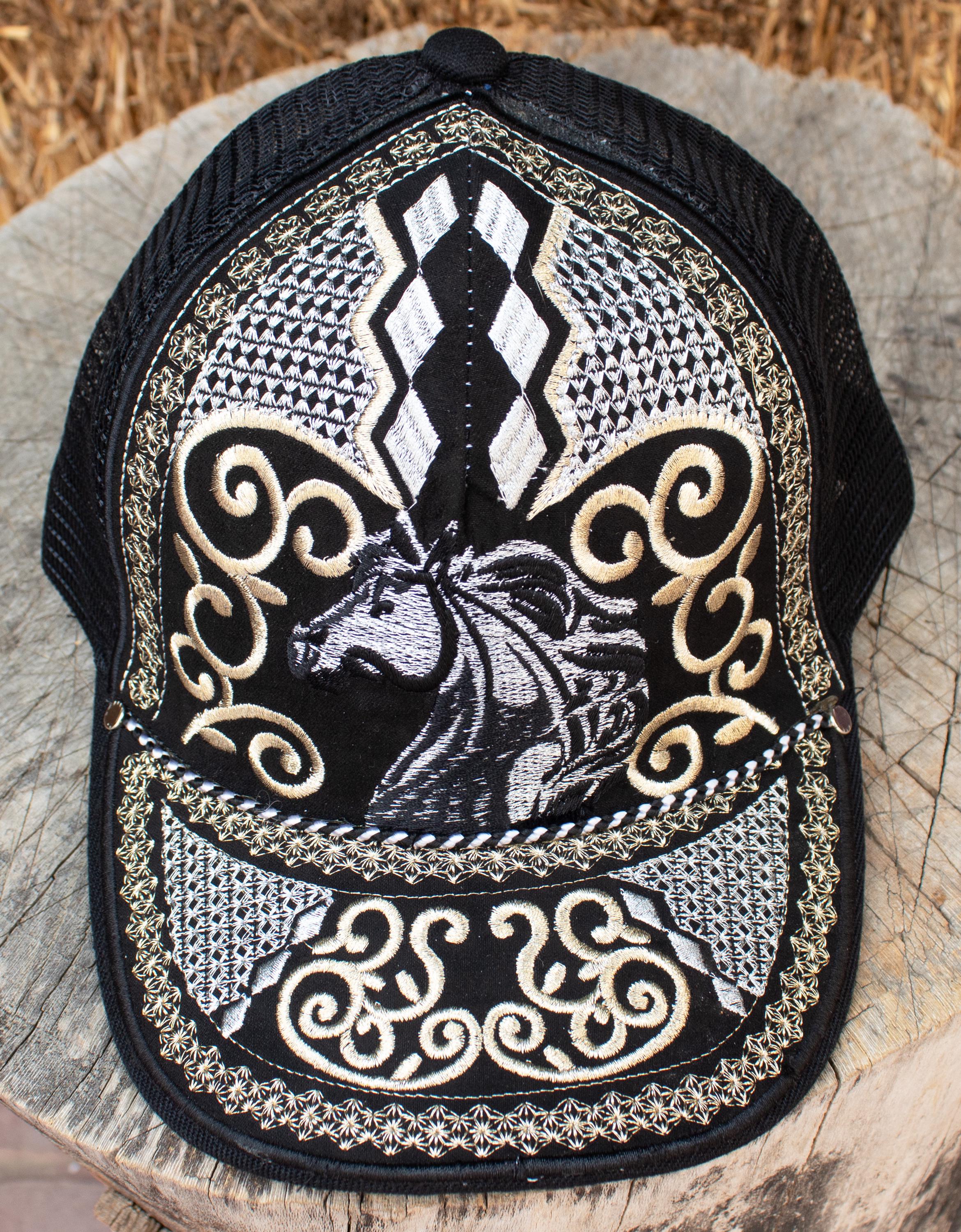 NWT Distressed Black And Cream Ponytail Trucker Cap With Aztec Embrodered Front Aztec Snapback Trucker Hat: Black & White Design - Etsy main image 2