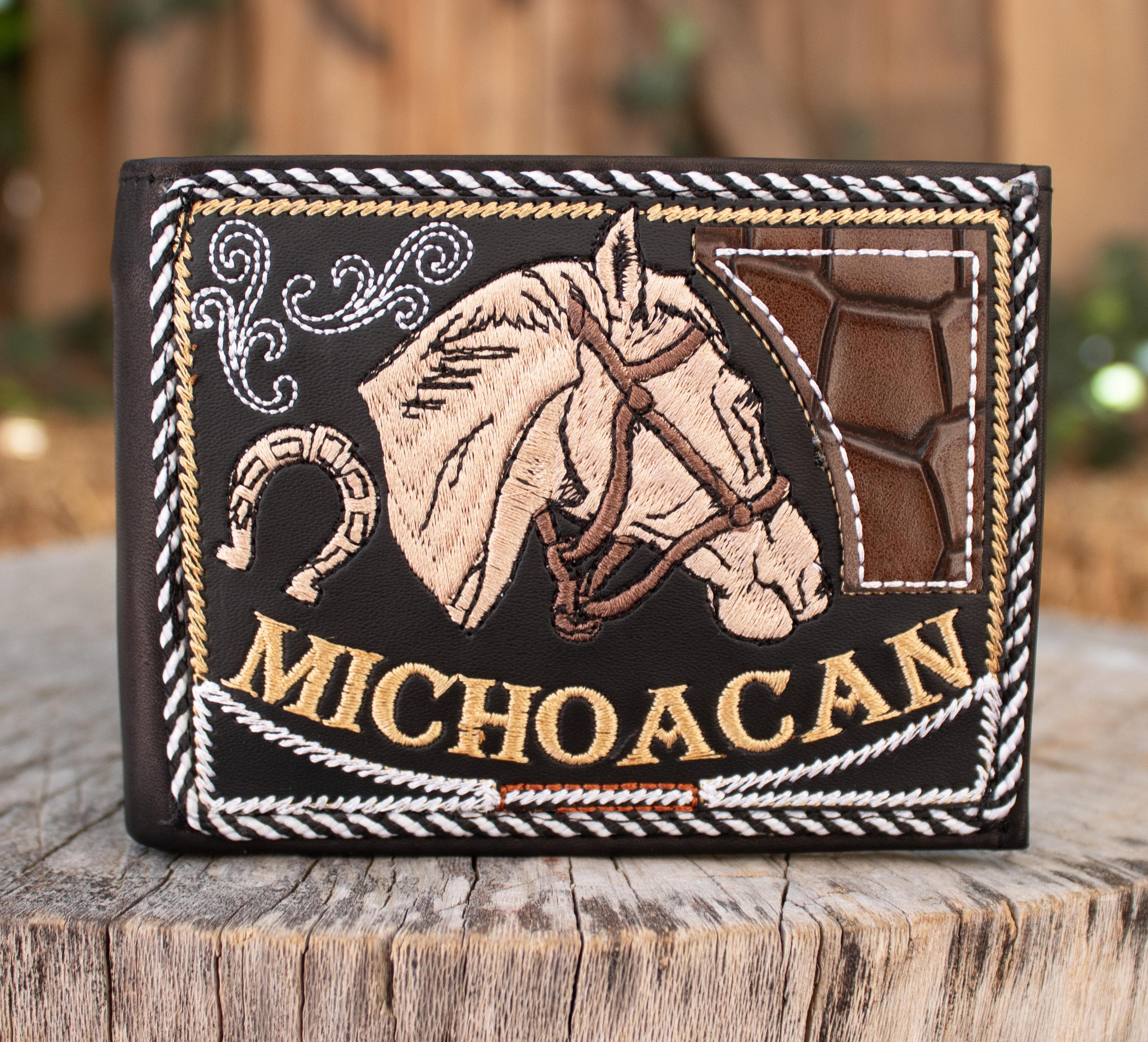 MICHOACAN Mexico HORSE Caballo EMBROIDERED Leather Bi Fold Wallet