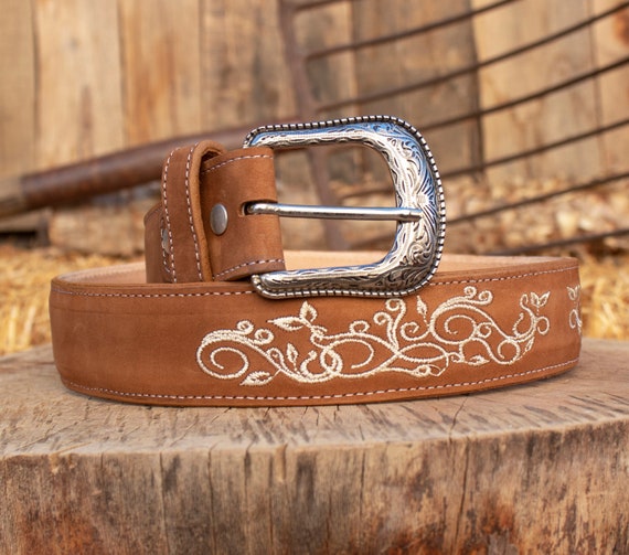 WOMENS BROWN EMBROIDERED Western Cowgirl Cowboy Leather Belt 