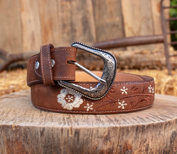WOMENS FLOWER EMBROIDERED Western Cowgirl Cowboy Leather Belt