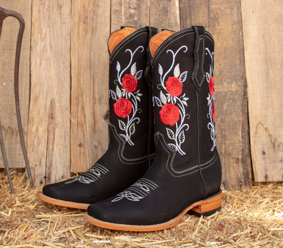 WOMENS COWGIRL Cowboy Square Toe Leather Rose Embroidered BOOTS -   Canada