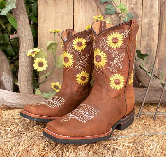 WOMENS COWGIRL Cowboy Square Toe Leather Sunflower Embroidered - Etsy  Ireland