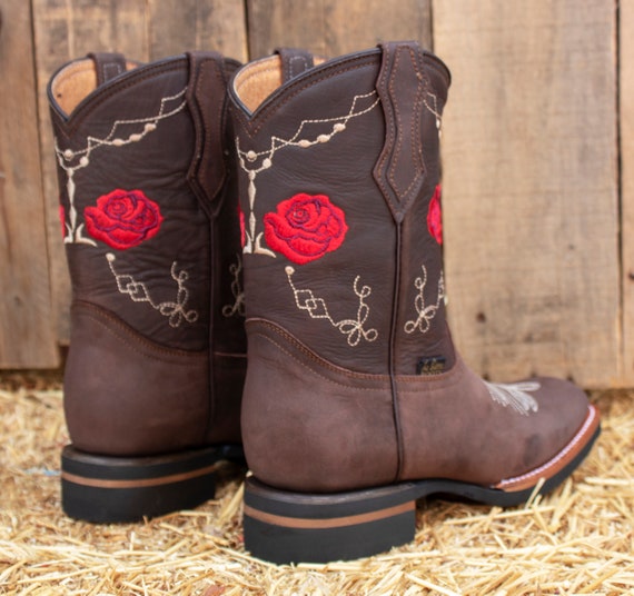 WOMENS COWGIRL Cowboy Square Toe Leather Rose Embroidered BOOTS