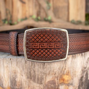 Mens brown HANDTOOLED LEATHER western cowboy belt cinto with matching BUCKLE