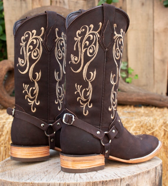 WOMENS COWGIRL Cowboy Square Toe Leather Western Embroidered BOOTS
