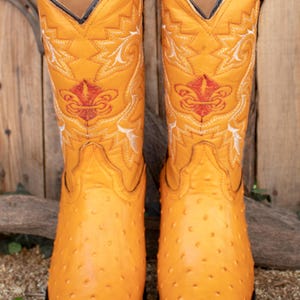 May include: A pair of yellow ostrich leather cowboy boots with intricate white and red embroidery. The boots have a pointed toe and a black heel.