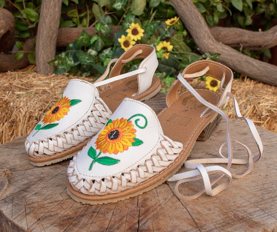 Womens LEATHER Sunflower Embroidered Lace up Flat Huarache MEXICAN SANDALS Etsy Canada