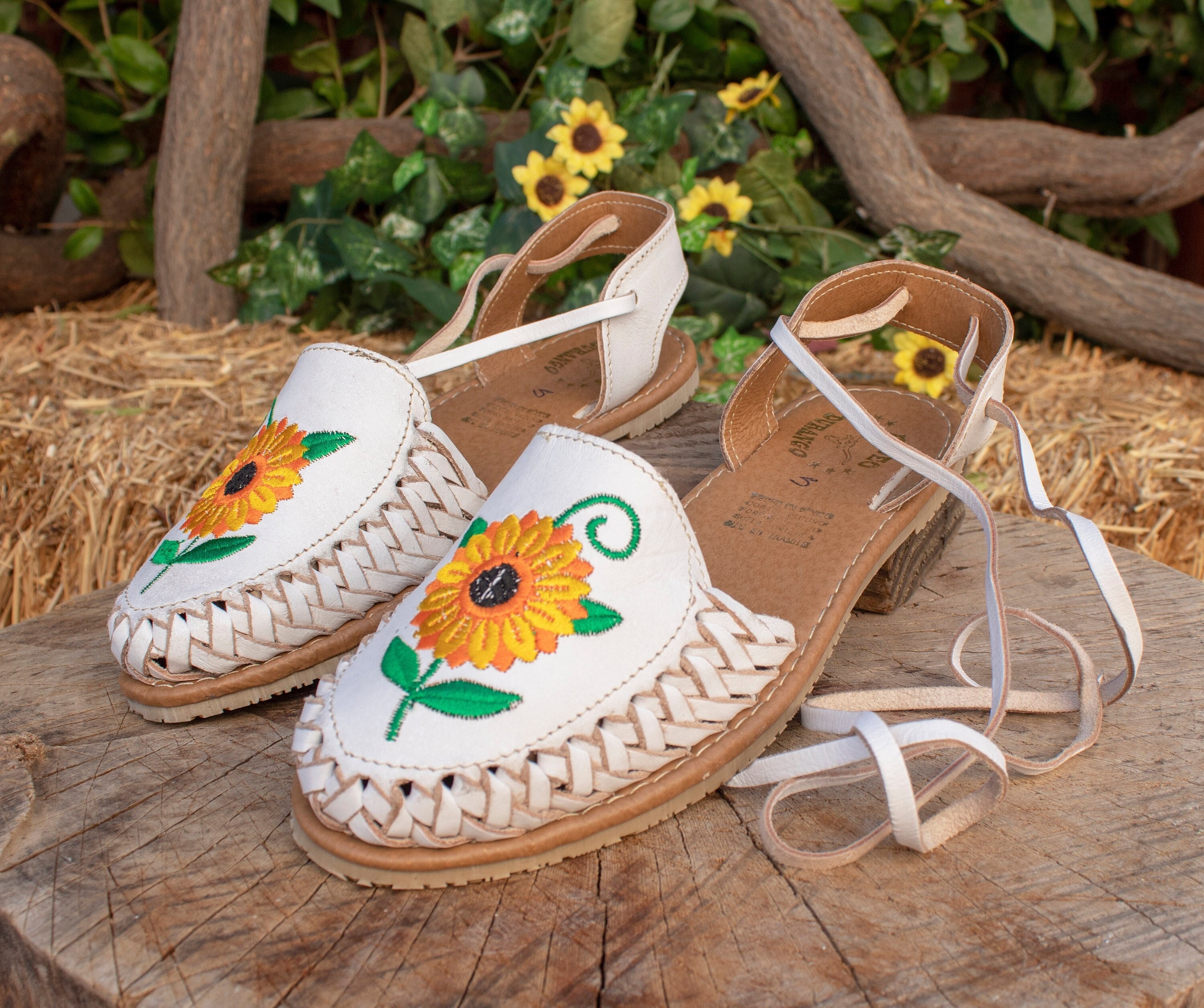Womens LEATHER Sunflower Embroidered Lace up Flat Huarache MEXICAN