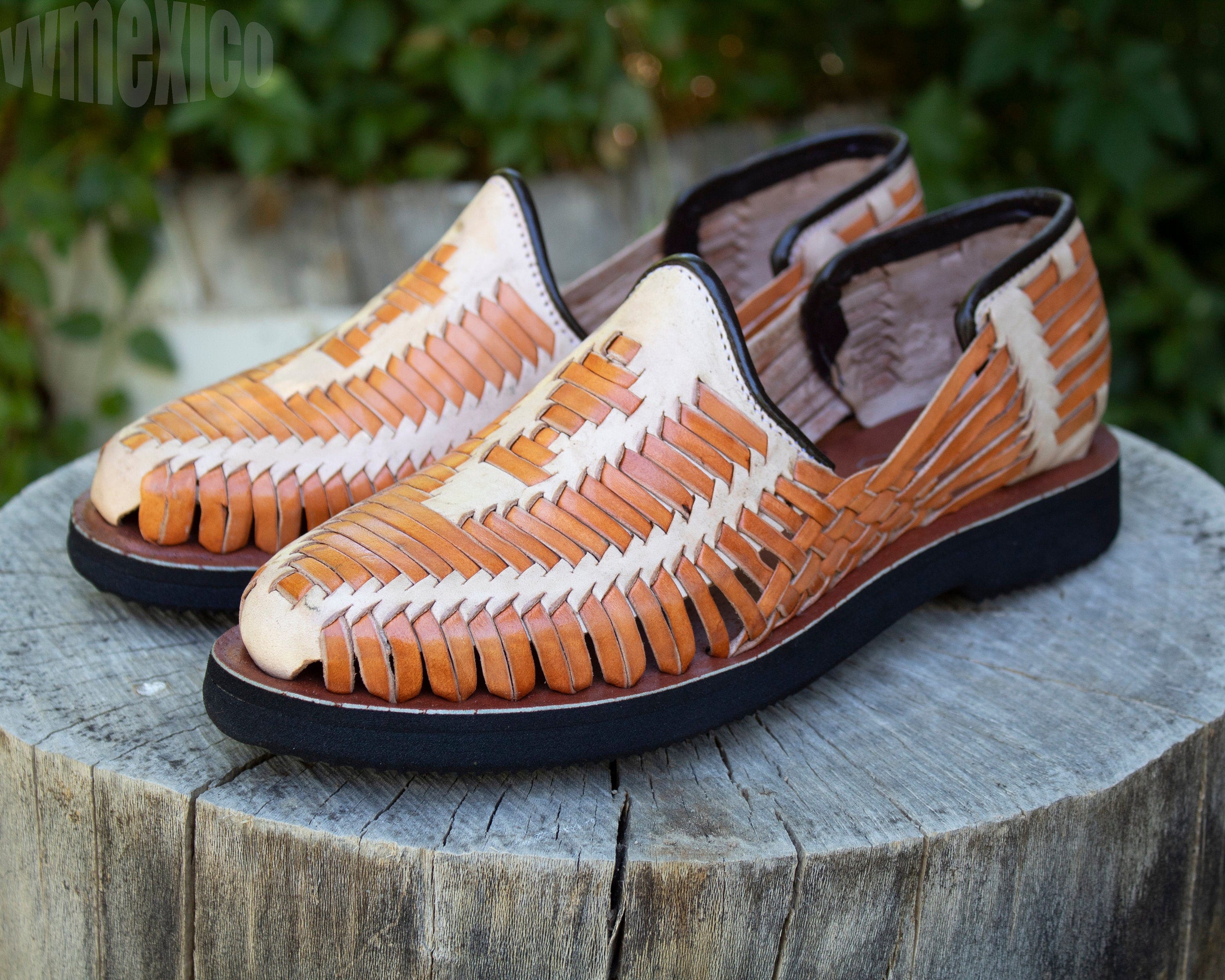 Mens Huaraches Handwoven Leather Slip-On Shoes Size9 Natural & Brown Design Comf Handmade Leather Huarache Sandals for Men – Mexican Style  main image 2