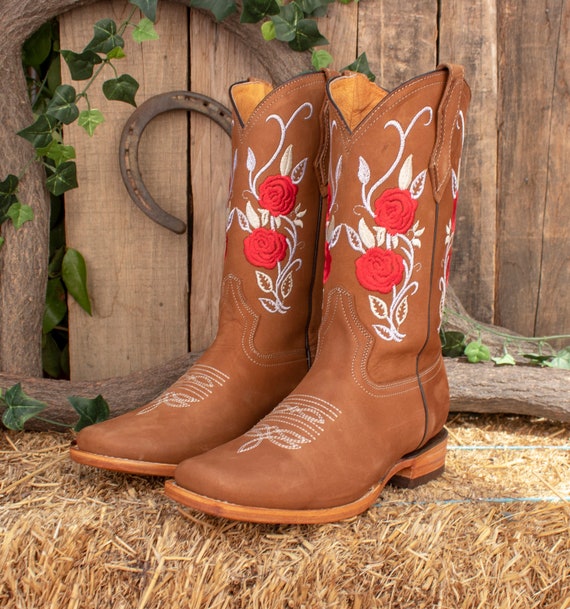WOMENS COWGIRL Cowboy Square Toe Leather Rose Embroidered  display picture 1