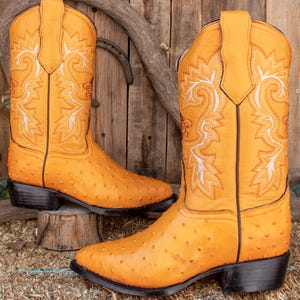 May include: A pair of tan ostrich leather cowboy boots with white floral embroidery. The boots have a pointed toe and a stacked heel.
