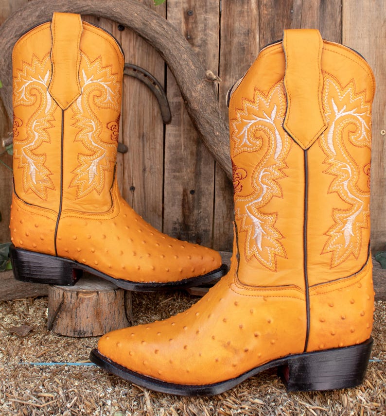May include: A pair of tan ostrich leather cowboy boots with white floral embroidery. The boots have a pointed toe and a stacked heel.