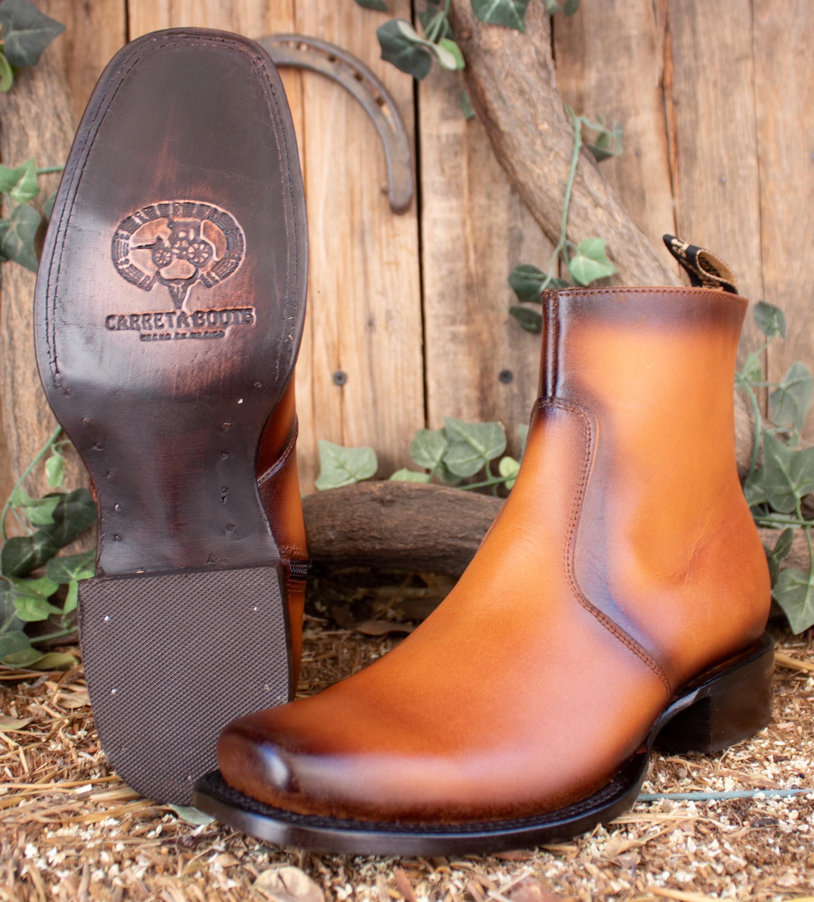 MENS LEATHER COWBOY Honey Brown Rodeo Square Toe Half Boots Botines De ...