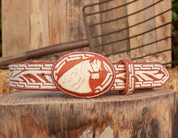 Handcrafted Brown Leather belt buckle Horse Motif Tooled Leather Horse Buckle on Brown and Silver Leather  main image 2